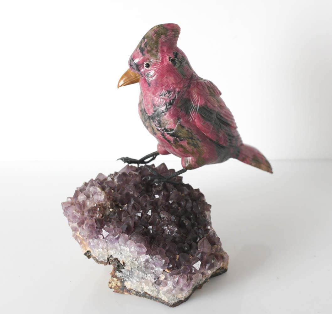 Rhodonite Carved Bird Cardinal figurine on Amethyst (1 of 4)