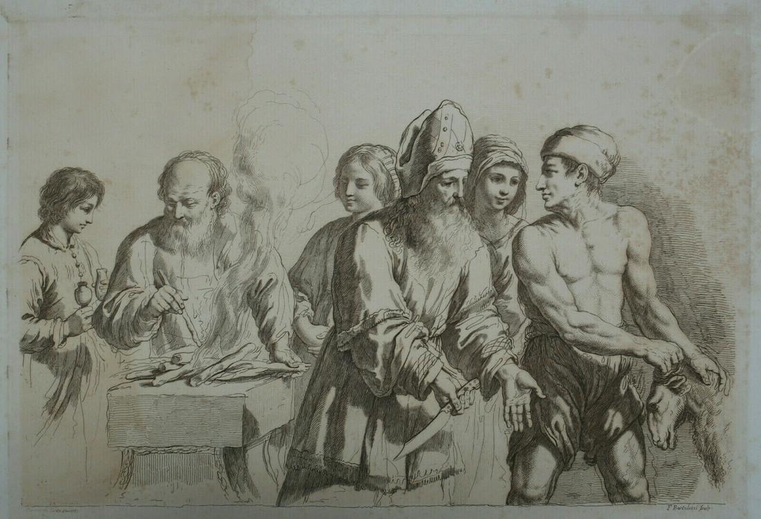 after Guercino Etching by Francesco Bartolozzi High: Etching in brown ink, High priest about to perform a sacrifice, after Giovanni Francesco Barbieri, also known as Guercino (1591-1666), Etching by Francesco Bartolozzi, Published by John Boydell 1764.