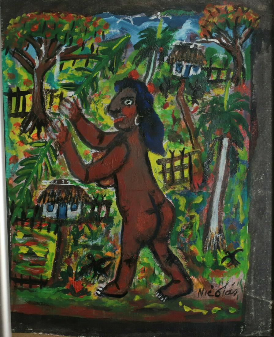 Nicolas Delgado (Cuban 1936 - 2011) Acrylic painting: Nicolas Delgado (Cuban 1936 - 2011) Acrylic painting on canvas covered board, Nude woman in a village, NaÃ¯ve Folk art signed lower right "Nicolas" In metal frame, glazed. 4lb Approx. Measurements: 