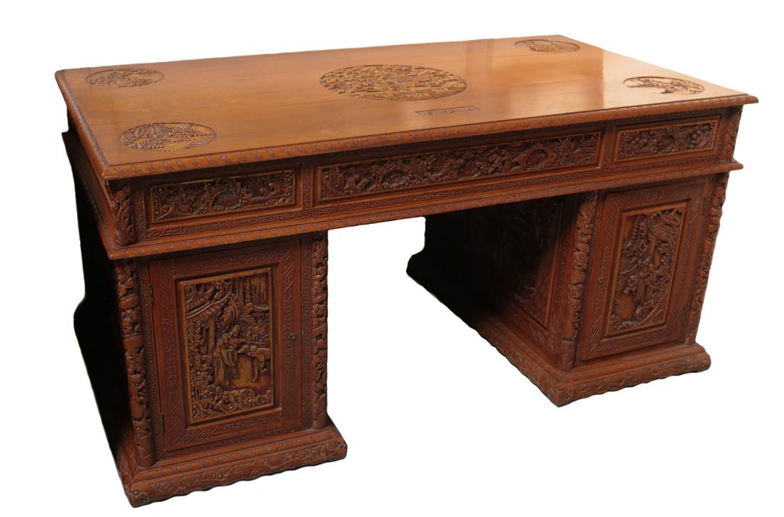 Chinese Pedestal Desk, carved and gilt panels: Chinese Pedestal Desk, carved and gilt panels, carved scenes. With letter tray. 63.5 inces wide x 33.5 inches x 32 inches