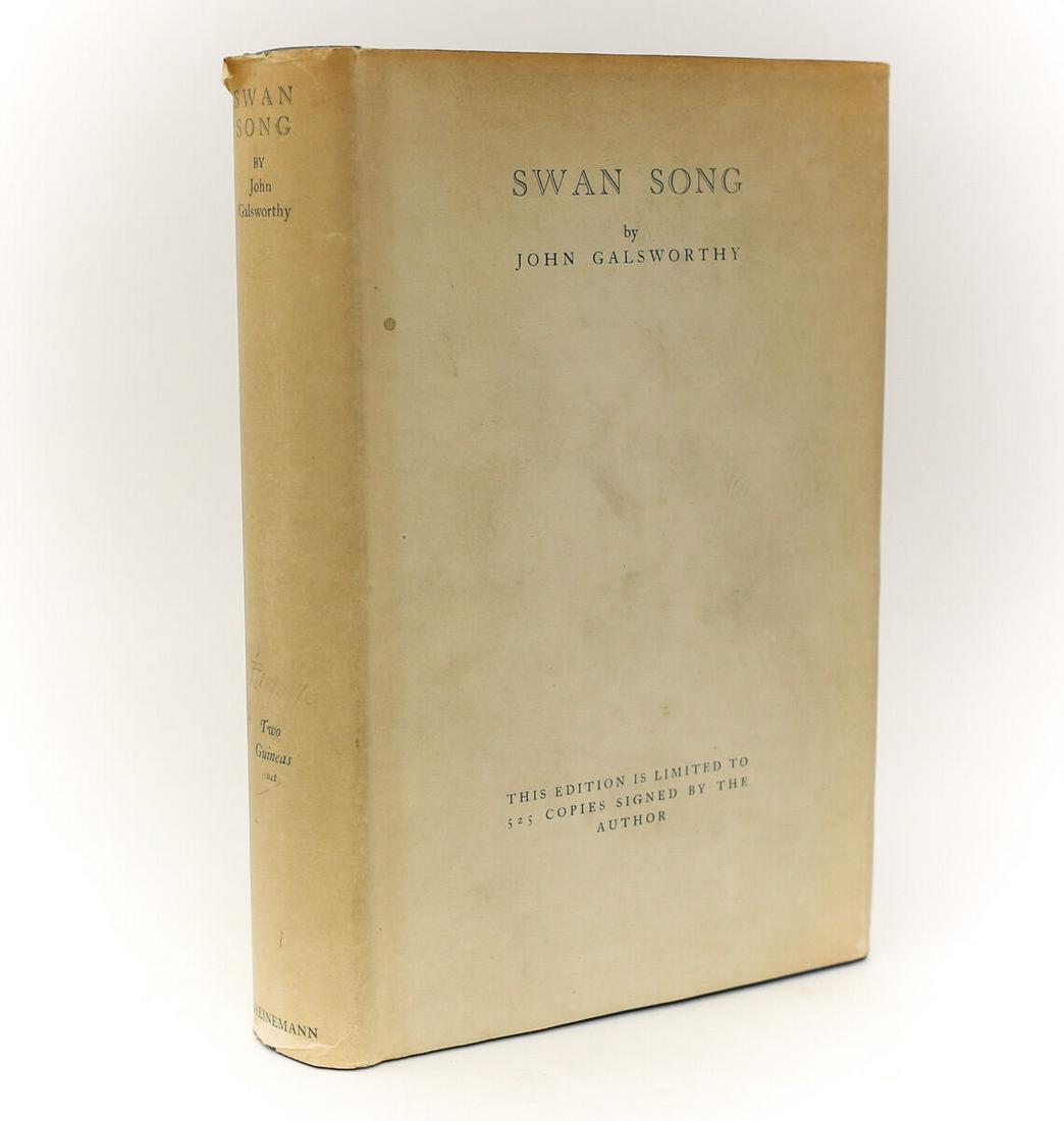 John Galsworthy 'Swan Song'. William Heinemann Ltd.,: Galsworthy, John 'Swan Song'. William Heinemann Ltd., London, 1928. 1st Editon Signed Ltd 215/525. Hardback Book Blue Cloth Boards & Gold Lettering w/ Dust Jacket gilt top pages. 347pp. Weight Approx.