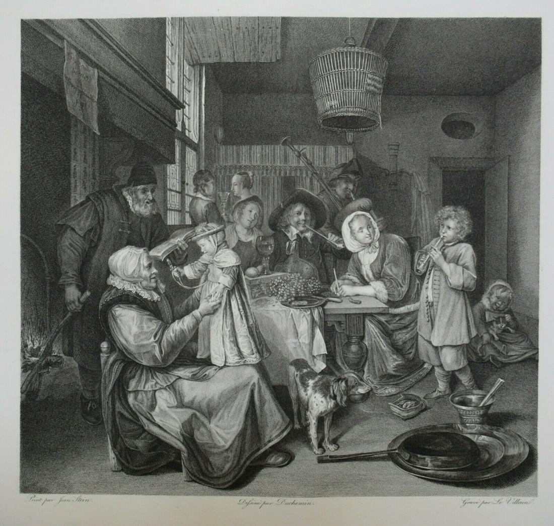 Early 19th Century Engraving Family around fireside: Engraving on paper, Family group around a fireside table, from the original by Jan Steen/Stein. Designer Duchemin, Engraver Le Villain (1822-1852 (fl.) Unframed. originally bound in portfolio, gilt ed