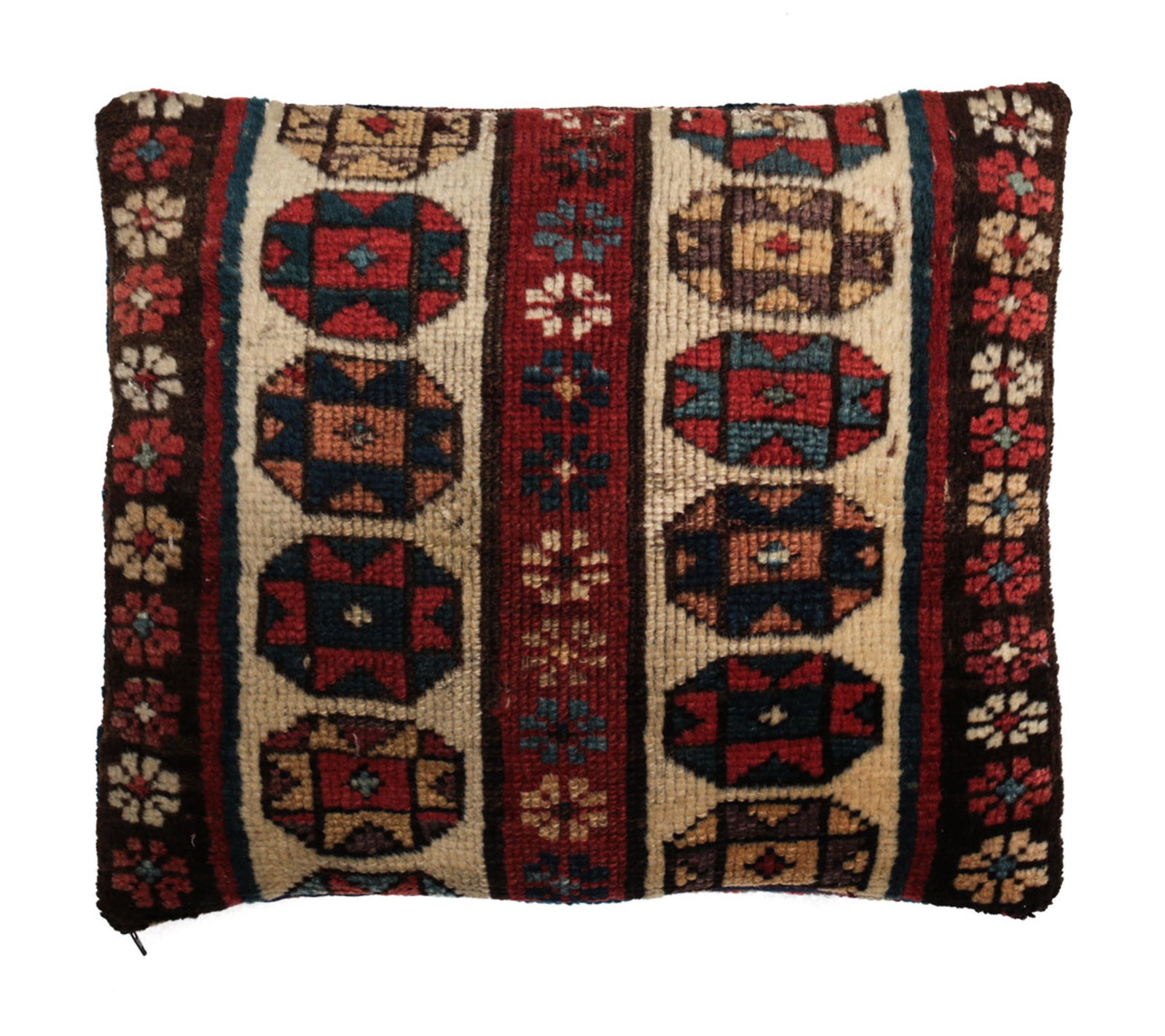 Kurdish wool cushion c,1920: Hand knotted Kurdish C1920 two-layered cushion. Navy colored base with sunburst design pattern. Measures Approx: 14.5in x 17.5inches. Weight Approx., 1lbs.