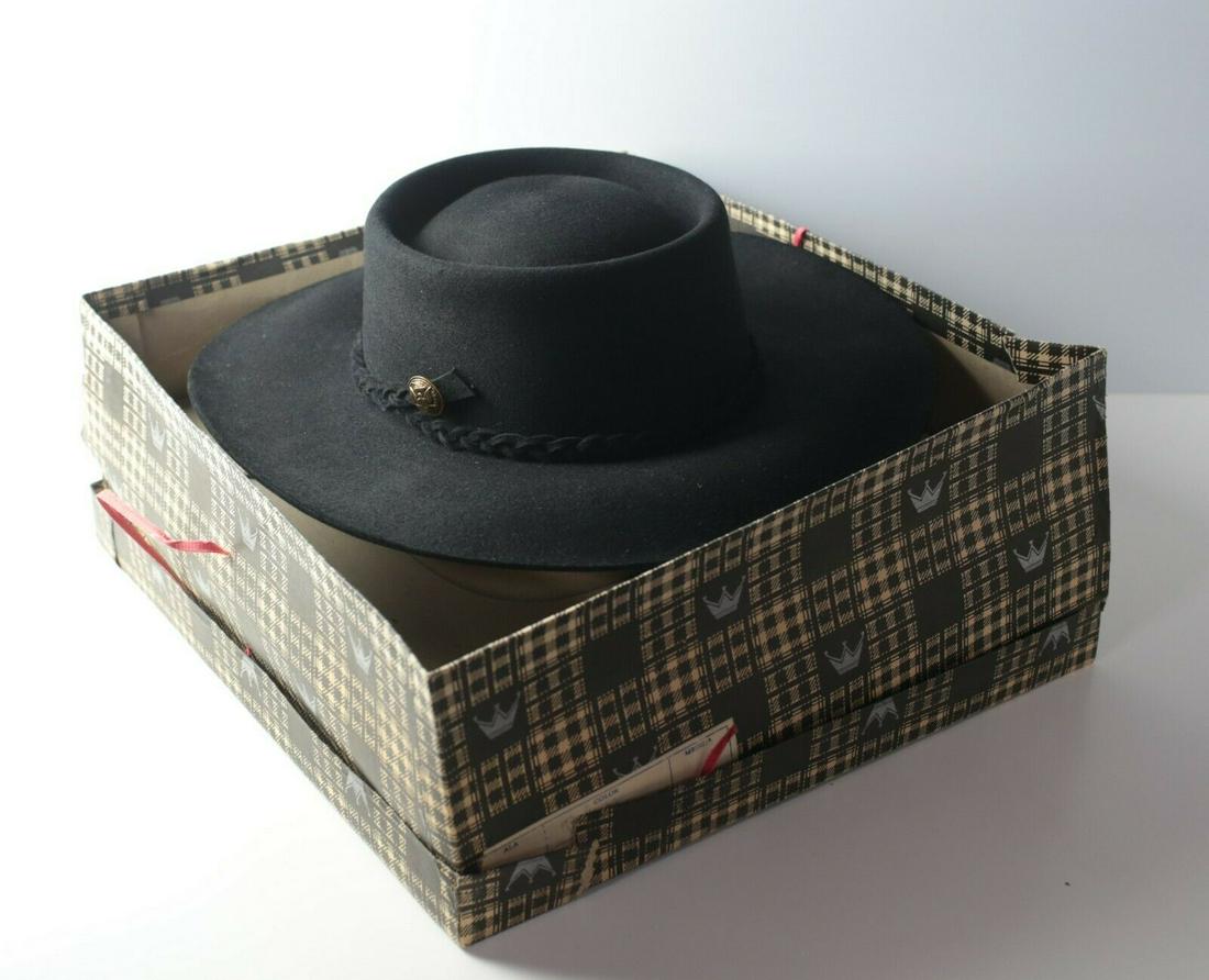 Vintage Custom Maidana Black Goucho style Hat, Somberos: Vintage Custom Maidana Goucho style Hat, marked "Somberos Maidana Rivadavia 1923 Buenos Aires Argentina". Black felt, braided felt band with brass button; interior is satin lined with leather tafilete