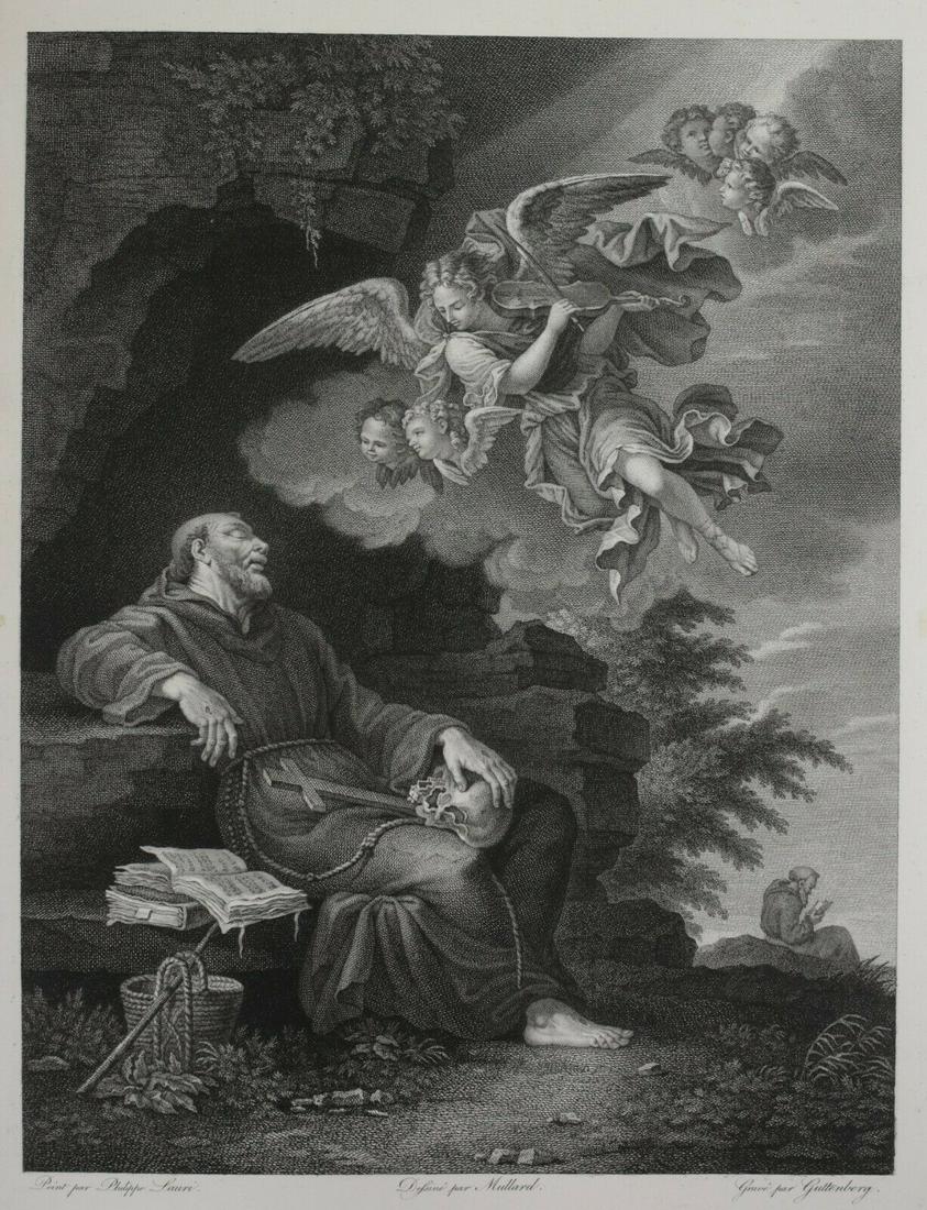 after Phillipe Lauri Etching L'extase de St. Francois: after Phillipe Lauri, Etching on paper, title "L'extase de St. Francois" (The ecstasy of St. Francis) c1803-09. Intermediate draftsman Mullard, Etching by Heinrich Guttenberg. On wove paper, unframed.