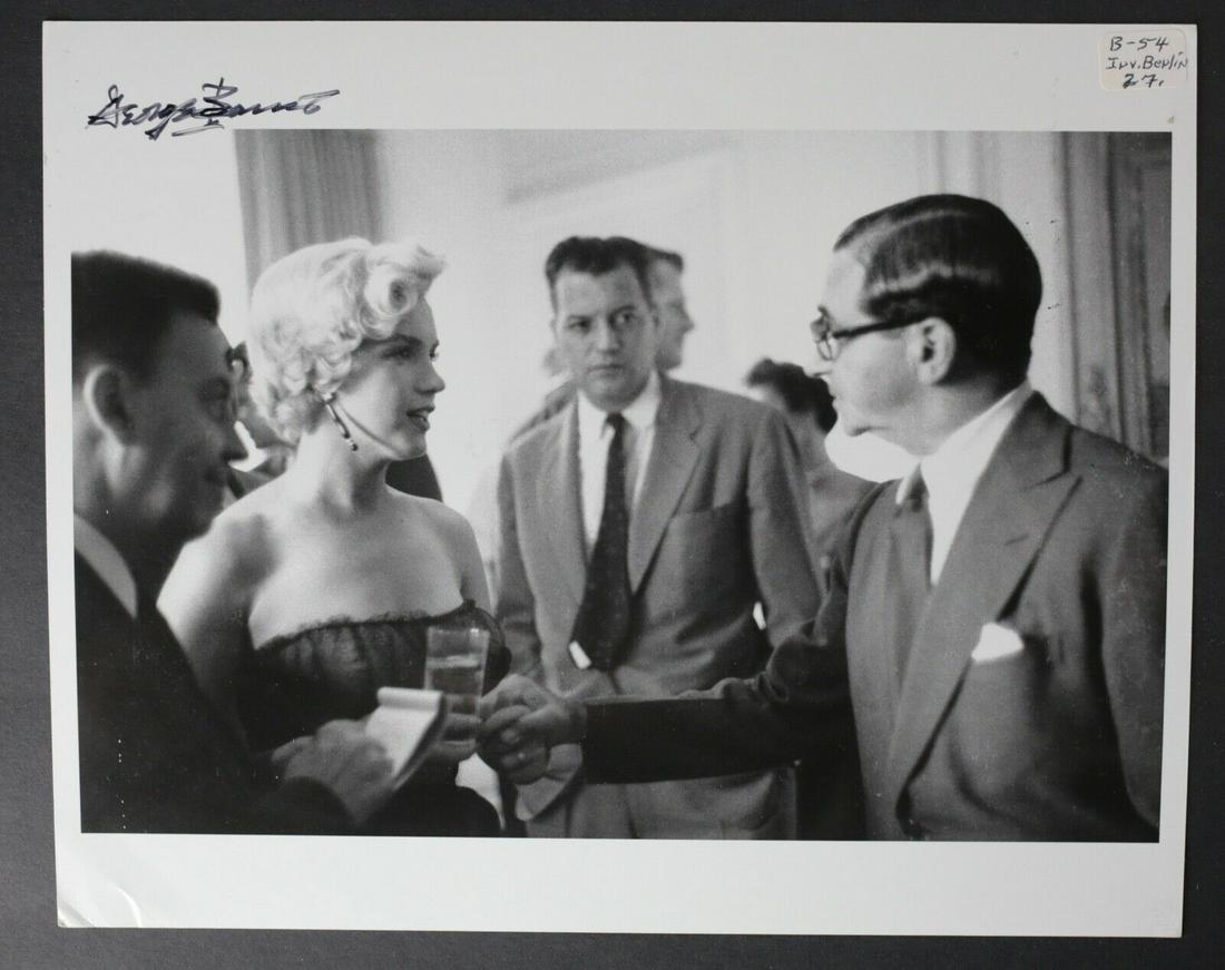 George Barris Black & White Photograph Marilyn Monroe: Authentic George Barris Black and White Photograph, Marilyn Monroe and Irving Berlin, Signed by Barris, upper left. Labeled upper right. Barris' copyright stamps on reverse.These photographs were orig