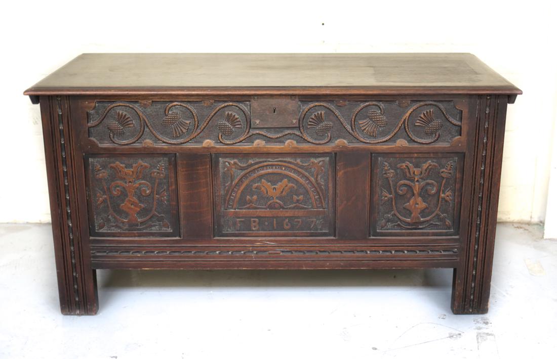 Blanket Chest, iron mounts, hand carved (1 of 10)