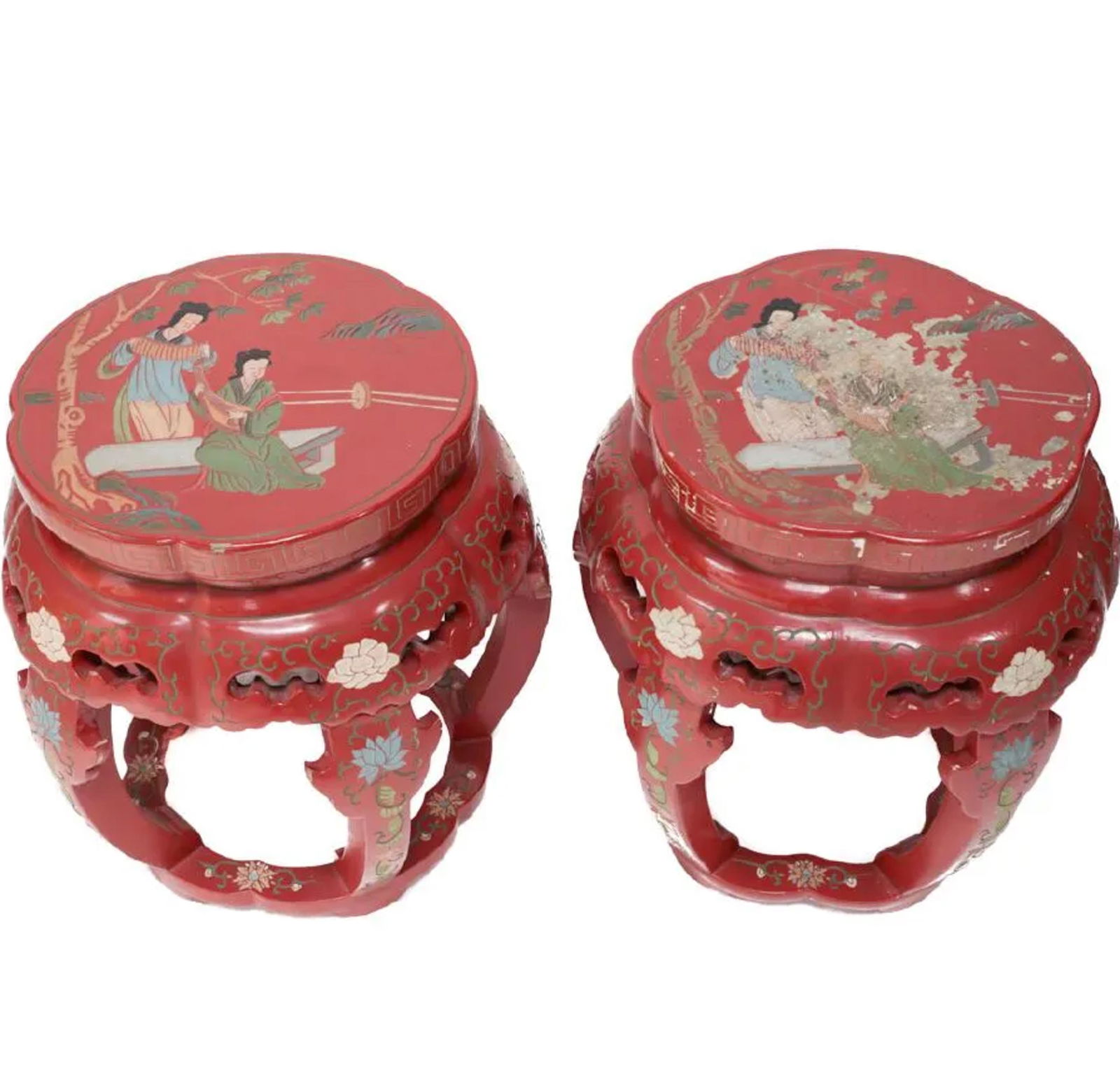 Pair of Red Lacquer Chinese Stools, (1 of 7)