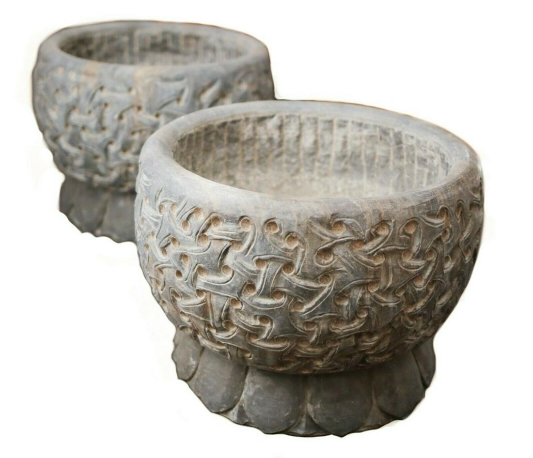 Pair of Hand Carved Dark Grey Stone Planters (1 of 7)