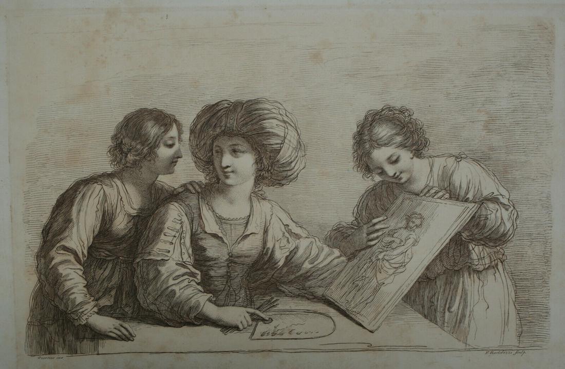 after Guercino Etching by Francesco Bartolozzi Three: Etching in brown ink, Three women seated at table, one in turban holds pallet and brushes, after Giovanni Francesco Barbieri, also known as Guercino (1591-1666), Etching by Francesco Bartolozzi, Publi