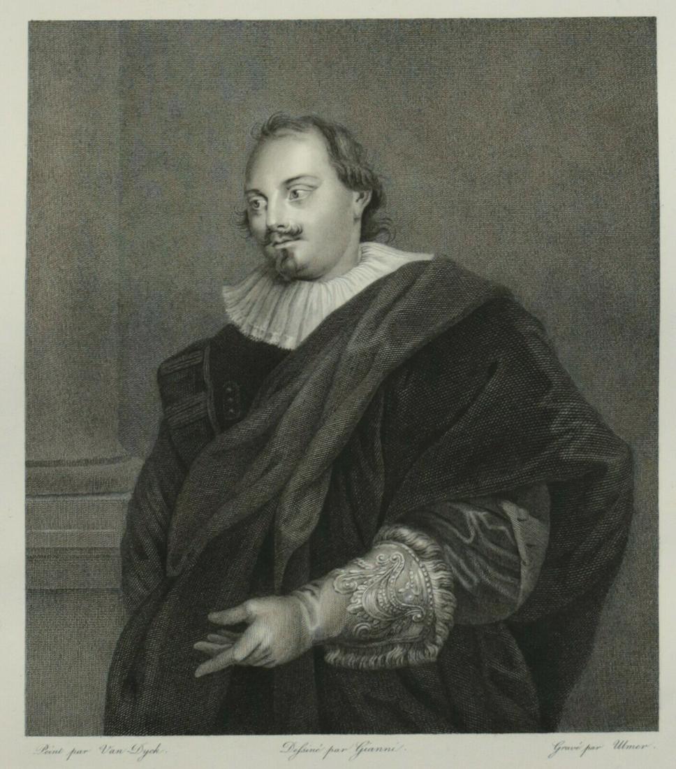 19th Century Engraving Portrait Peeter Steevens Anthony: Engraving on paper, Portrait of Peeter Steevens from the original by Anthony Van Dyck. Turned left, dressed in dark cloak. Designer Felice Giani, Engraver Johann Conrad Ulmer. c1804-1811. Unframed. Or
