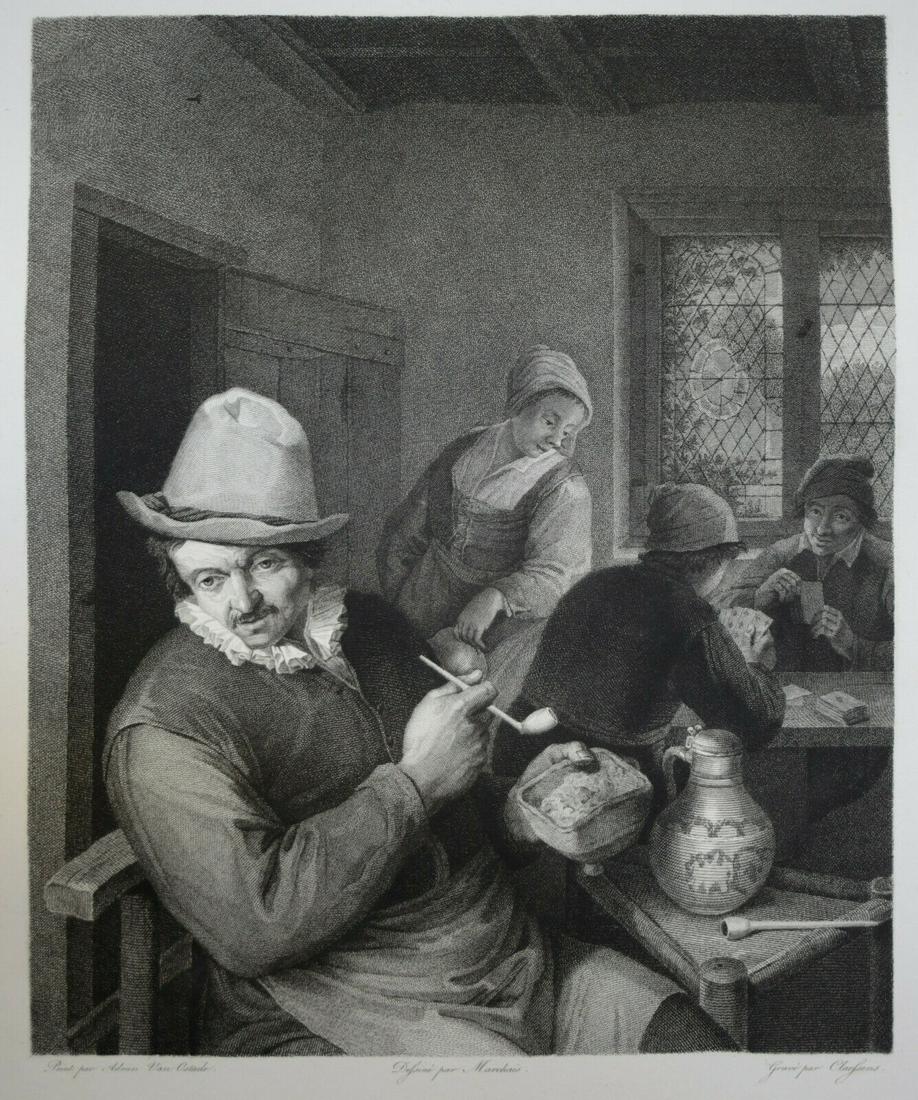 19th Century Engraving & Etching Tavern interior Van: Engraving and Etching on paper, Tavern interior with man holding pipe and card players, from the original by Adrien Van Ostade. Designer Pierre Antoine Marchais (French 1763-1859), Engraver Lambert An