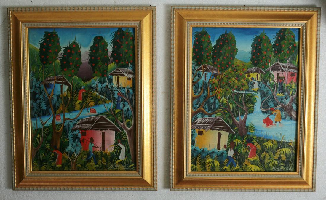 Pair of signed Blanchard Acrylic Paintings Haitian Village in Tropical Landscape (1 of 9)