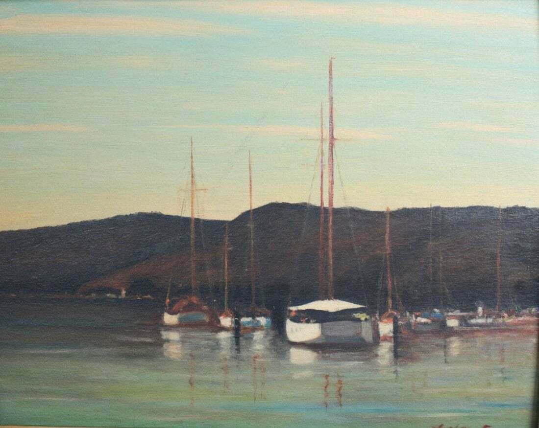 Alfred P Mitchell Oil Painting on canvas, Seascape with boats wood frame (1 of 6)