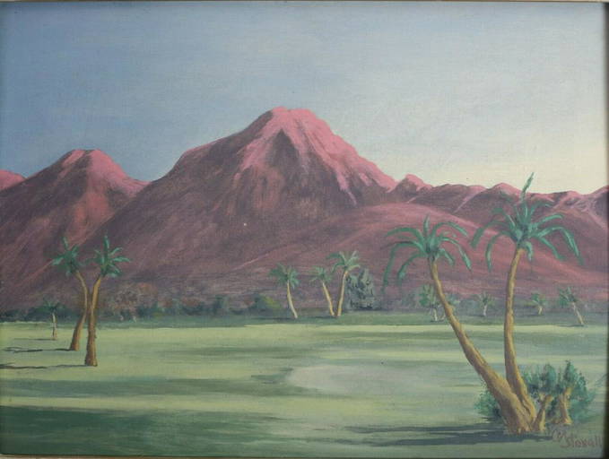 Oil Painting on canvas board Landscape w/ palm trees folk style gilt