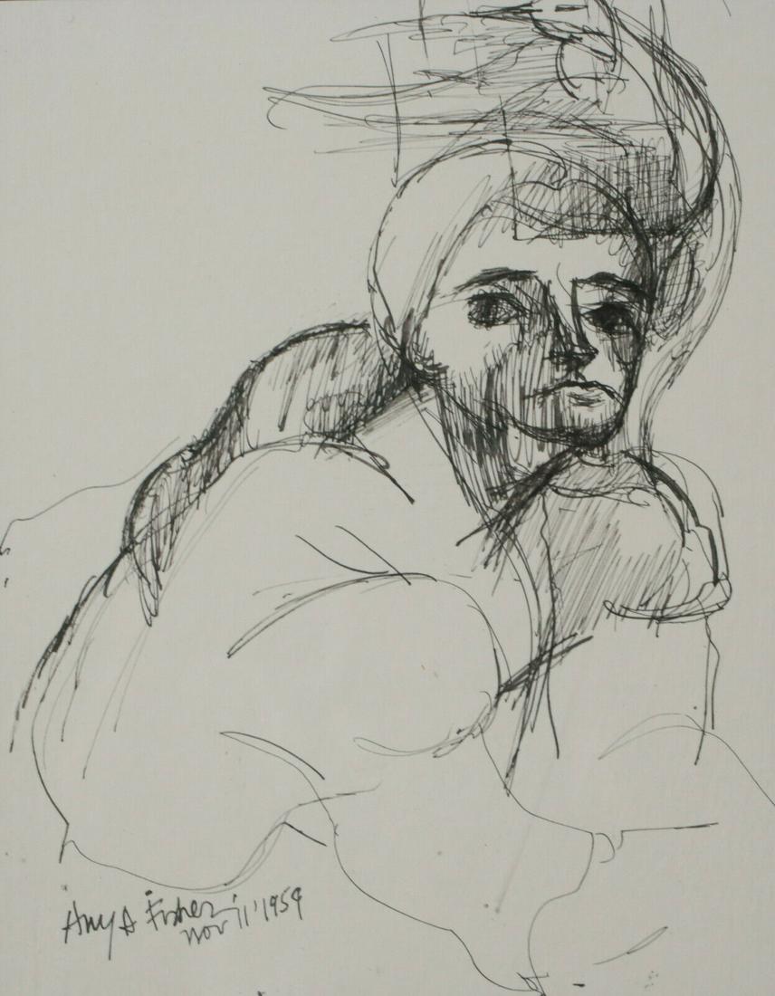 Anya Fisher (1905 - 1992) Pen and Ink drawing on paper, figure, signed: Anya Fisher (1905 - 1992) Pen and Ink drawing on paper, figure, signed and dated lower left. Wood frame, glazed. 3lb Anya Fisher is known for her strong, organic, abstracted female forms. Her use of f