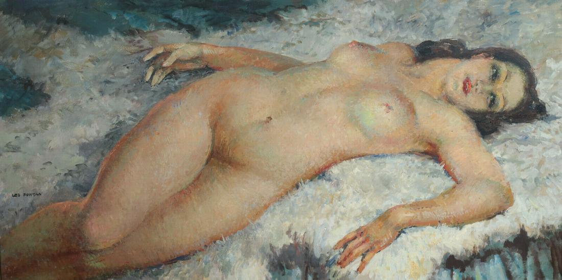 Leo Fontan (French 1884 - 1965) Oil painting, c1940 nude woman reclining: Leo Fontan (French 1884 - 1965) Oil painting on canvas, c1940 nude woman reclining. Signed lower left. In white wash and gilt wood frame. 9lbs Leo Fontan was born September 23, 1884 in Douchery. He st