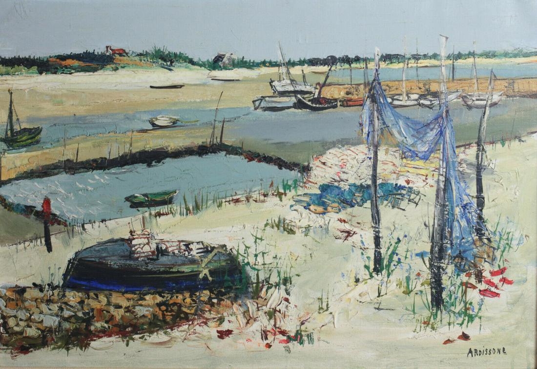 Yolande Ardissone  (France 1927-) Oil painting on canvas, harbor and sandy beach (1 of 6)