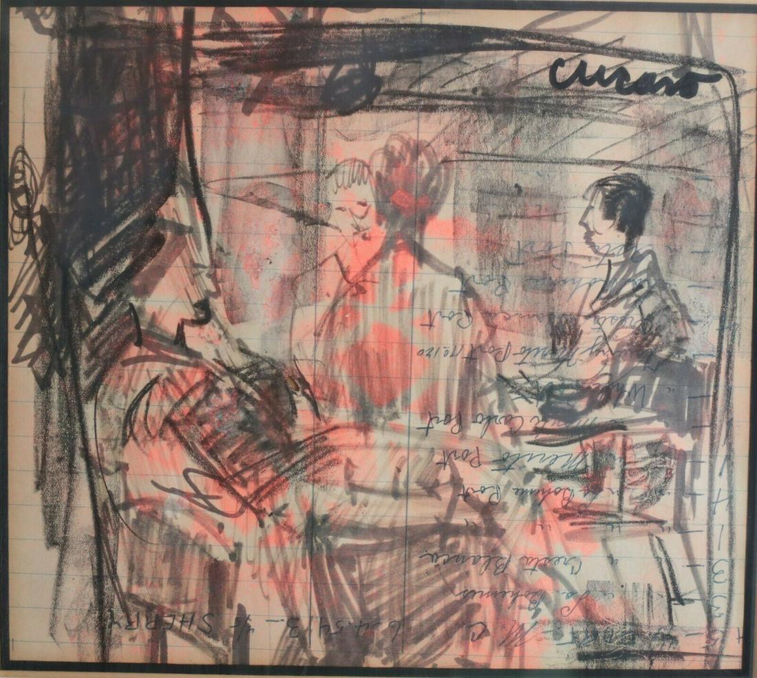 Pascal Cucaro (American 1915 - 2004) Works on paper, untitled, signed: Pascal Cucaro (American 1915 - 2004) Works on paper, untitled. Mixed media - pencil, pen, crayon, gouache on lined paper. A group of figures seated. Signed upper right 'Cucaro'. Gilt wood frame. 4lbs