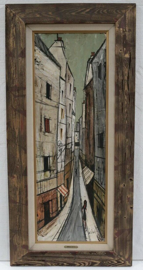 Charles Levier (French 1920-2003) Lg Oil Painting on board, Modernist Cityscape: Charles Levier (French 1920-2003) Oil Painting on board, Modernist Cityscape, narrow street, Signed "Levier" lower right. c1960. In gilt rustic wood frame. 15.5lbs Earlier in his career, sold painting