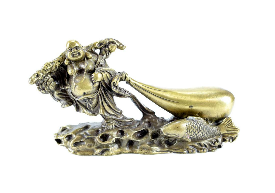 Cast Brass Lucky Laughing Buddha Hotei Holding Fish Sack Log on Shoulder c1900 (1 of 3)