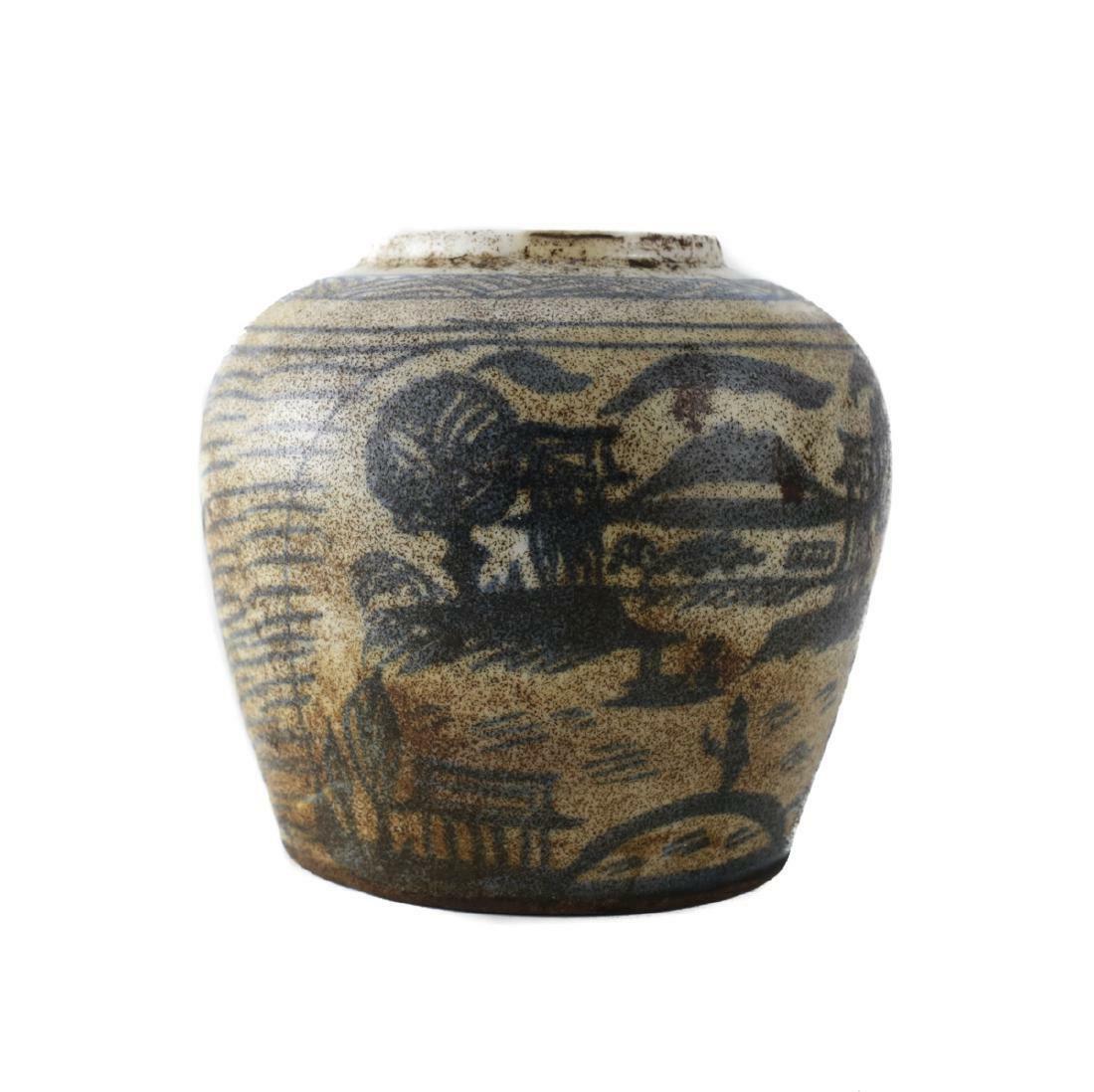 Chinese Blue and White porcelain jar. Hand painted village scene (1 of 1)