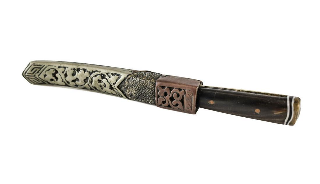 Burmese Tibetan Southesast asian Knife Sheath Silver Copper Shagreen Bone 18th c: Hand chased Burmese / Tibetan / Southesast asian Ceremonial knife with sheath, wire handle, dragon motif on sheath. Mixed metals, copper, silver, brass. Shagreen / shark skin, horn, bone handle. Steel