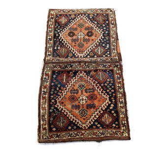 Circa 1900 Qashqai Cacasian Double Pillow Bag: Circa 1900 Handknotted double back Qashqai Double Pillow Bag. Measures Approx: 48.5 inches x 23 inches