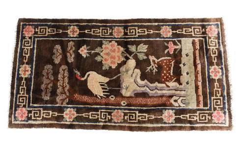 19th Century Chinese Pictorial Fawn & Crane Rug: A 19th Century Handknotted Chinese pictorial rug featuring a fawn and crane with floral borders.Measures Approx: 48 inches x 25 inches