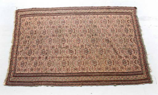 19th Century Senneh Kilim Persian Rug: A 19th Century Handknotted Senneh Kilim Persian rug with geometric patterns and floral patterns on beige ground, with red details.Measures Approx: 78 inches x 52.5 inches