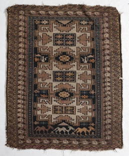 Antique Caucasian Small Throw Rug, wool: A fine Antique Handknotted Caucasian Small Throw Rug, wool pile, geometric and pictorials in browns, tans, blues - camels, figures. Weight Approx., 2.5lbsMeasures Approx. 30inches x 25inches