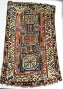 Antique 19th century Caucasian Rug, geometric: A fine Antique 19th century Handknotted Caucasian Small Rug, geometric, wool pile, reds, blues, greens, cream. Weight Approx., 4lbsMeasures Approx. 52inches w/out fringe, x 33.5inches