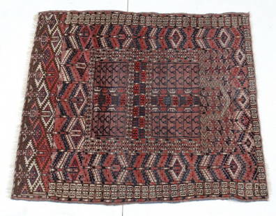 Antique Turkoman / Turkmen Prayer Rug: Item Description: A fine Antique Handknotted Turkoman / Turkmen Prayer Rug, geometric patterns, wool pile, in reds, tans, dark blues. Weight Approx., 5.5lbs Measures Approx. 51.25in w/out fringe