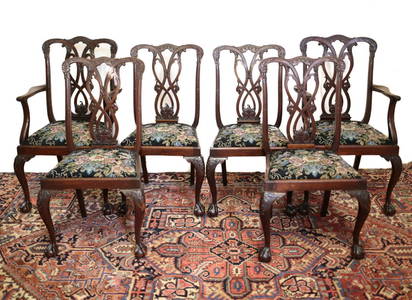 6 mahogany Chippendale style upholstered ribbon back dining chairs