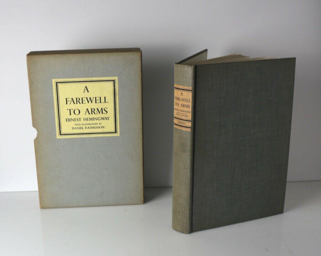 Ernest Hemingway, A Farewell to Arms 1st Illustrated ed, Daniel Rasmusson 1948: Ernest Hemingway, A Farewell to Arms, 1st Illustrated edition, by Daniel Rasmusson. Published New York: Charles Scribner's Sons 1948. Grey cloth covers with paper label on spine. Board slipcase with p