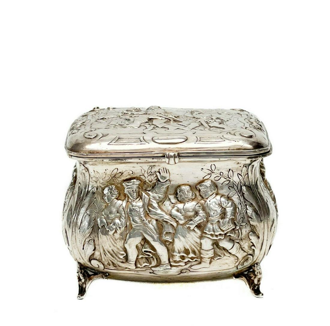 German Hanau Dutch Import Silver Footed Tea Caddy c. 1870 Repousse Figures (1 of 6)