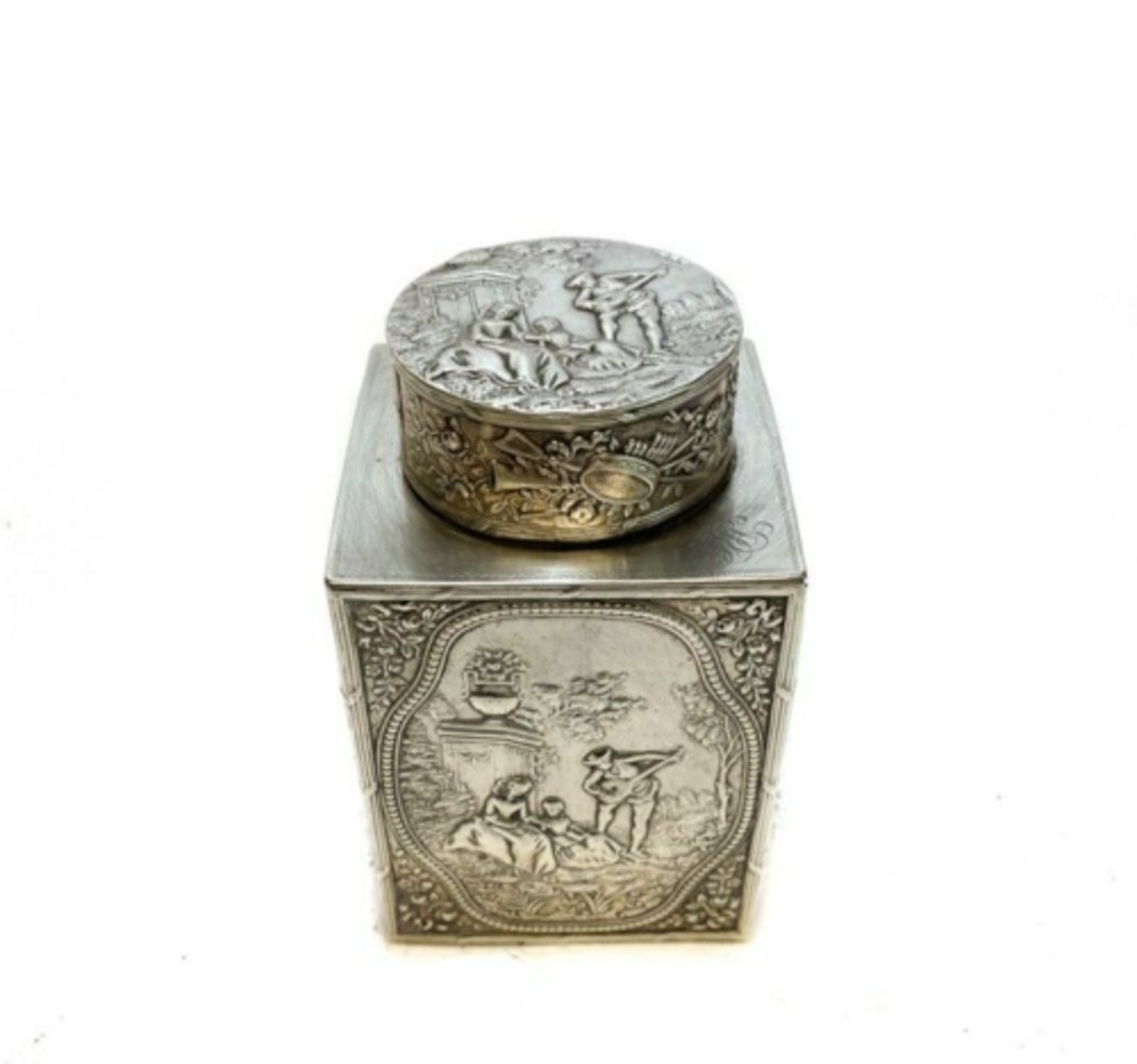 Schleissner & Sohne German Hanau Silver Tea Caddy c 1900 Repousse Figural Scenes (1 of 4)