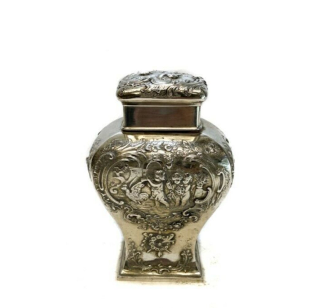 Storck & Sinsheimer German 800 Silver Tea Caddy c. 1900 Repousse Cherubs (1 of 3)
