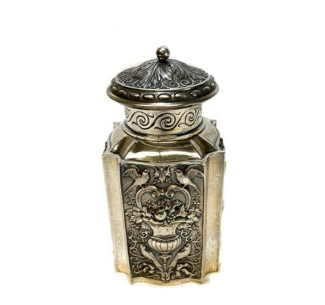 Duran Austro-Hungarian Silver Tea Caddy c. 1900 Repousse Fruit & Putti (1 of 3)