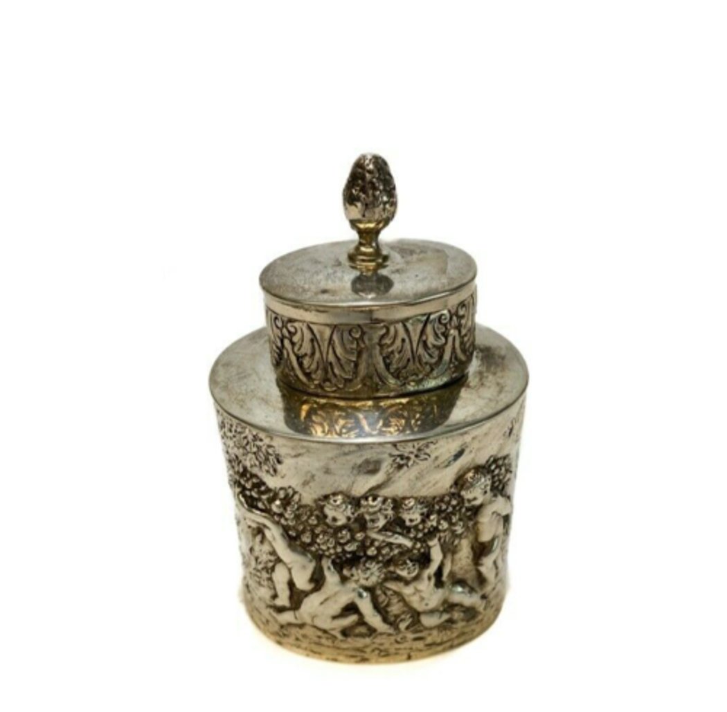 Norwegian 830 Silver Tea Caddy c. 1890 Repousse Putti Cherubs (1 of 3)