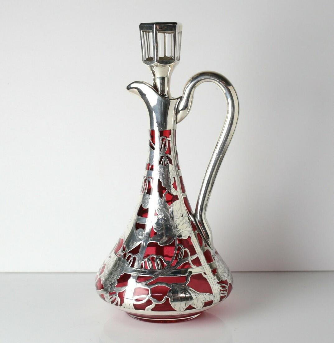 Alvin Mfg Co Sterling Silver overlay mounted Cranberry red glass Decanter (1 of 12)