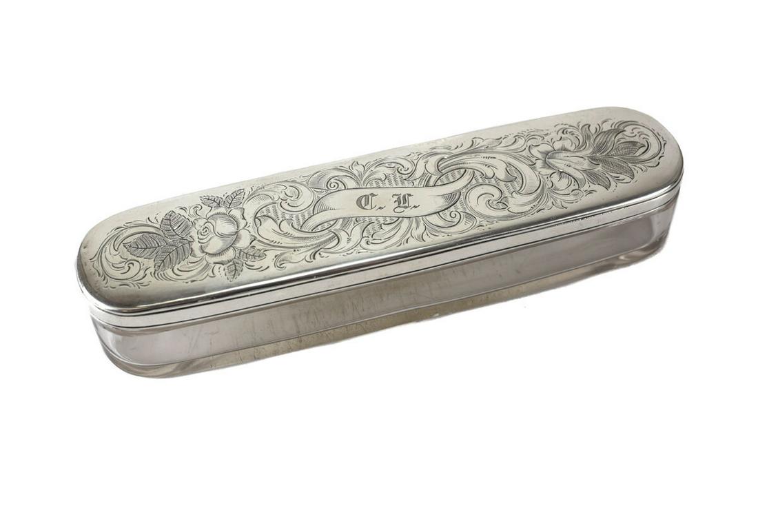 Swedish Uppsala Sterling Silver Crystal Pen Holder Box 1863, hand chased floral (1 of 4)