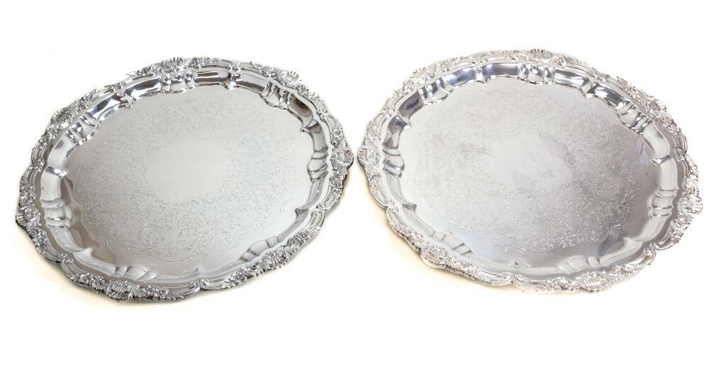 Pair of POOLE Silverplate Footed Trays, 16.5" hand engraved floral design, shell (1 of 6)