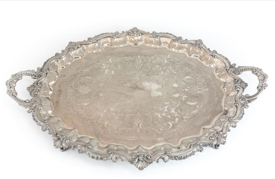 Silverplate on Copper Footed Serving Tray c1920 dual handles, hand chased (1 of 6)