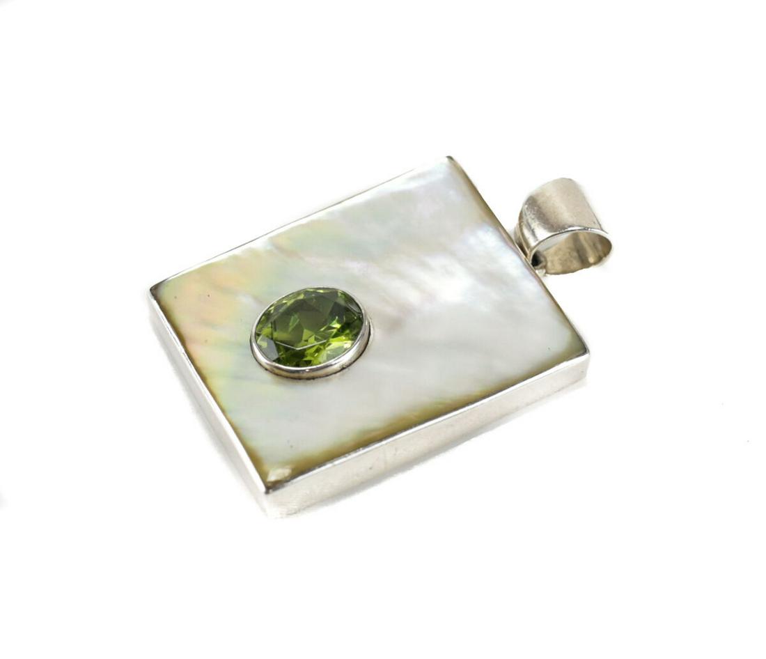 Large Sterling Silver Mother of Pearl Peridot Modernist Pendant (1 of 3)