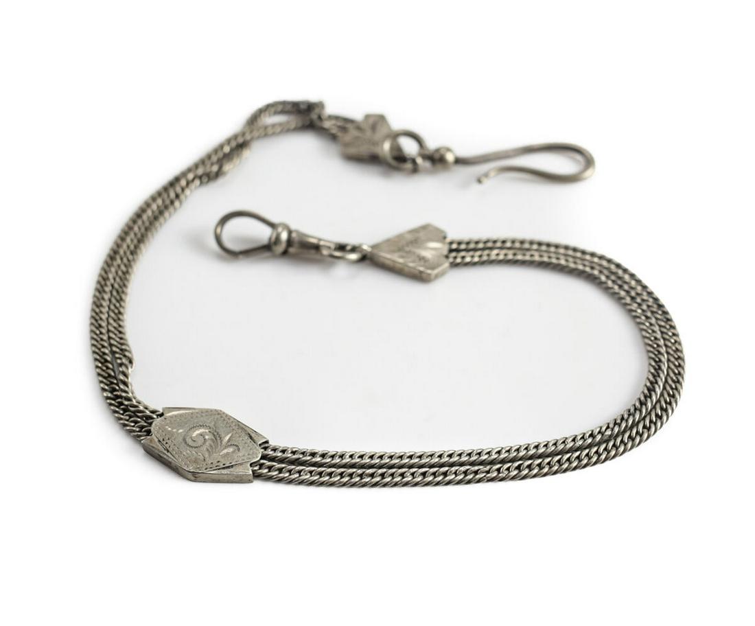 Sterling Silver Hand engraved Pocket Watch Chain with slider, unmarked c1900 (1 of 3)