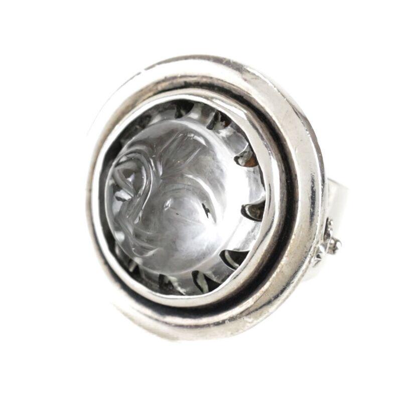 Vintage Sterling Silver Carved Rock Crystal Statement Ring sz 7.25 Smiling sun (1 of 5)