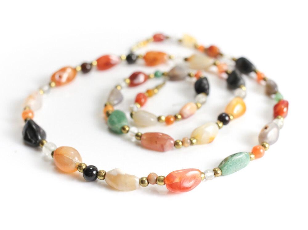 Multi Colored tumbled gemstone necklace, brass beads, agates serpentine 36" (1 of 3)