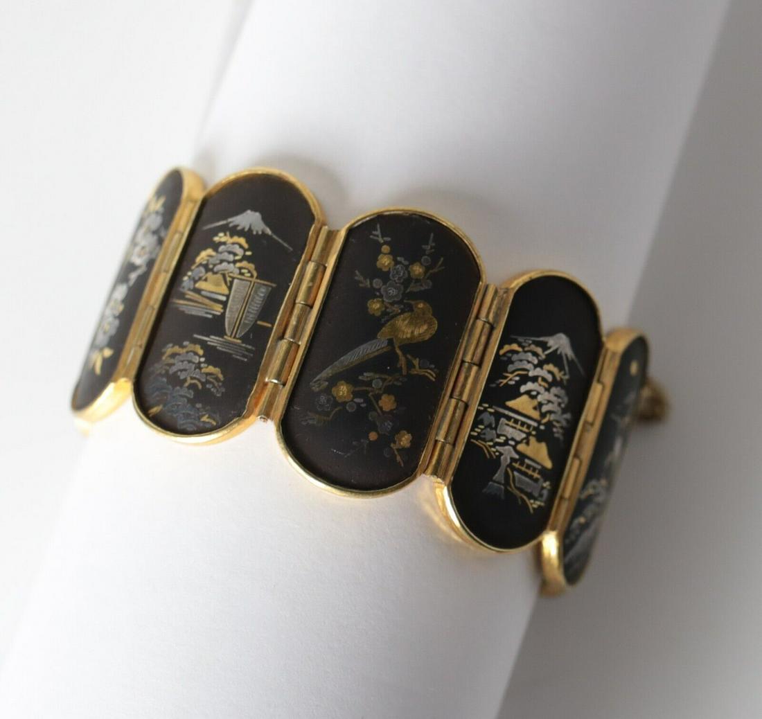 Vtg Japanese Damascene Shakudo Mixed Metal Bracelet Sterling Silver & 24k inlay (1 of 6)