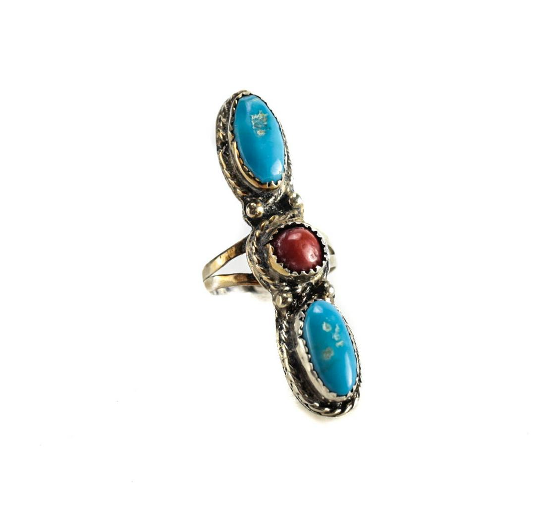Vintage Navajo Sterling Silver Ring Gemstone Turquoise Coral nuggets Size 5.75 (1 of 5)
